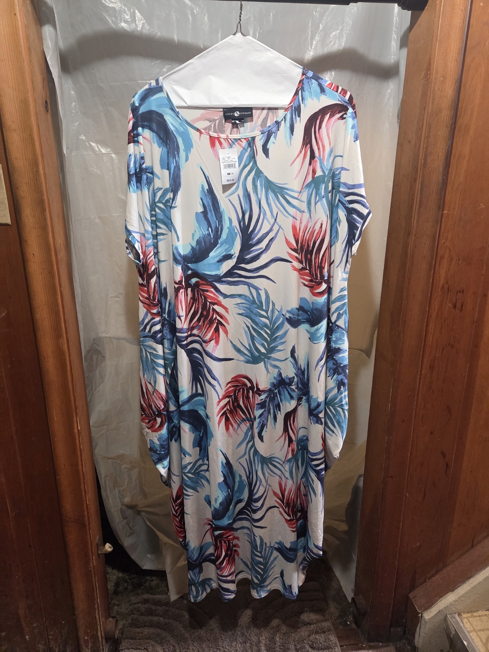 Ashley Stewart Cream Maxi Dress with Blue and Coral Leaf Print